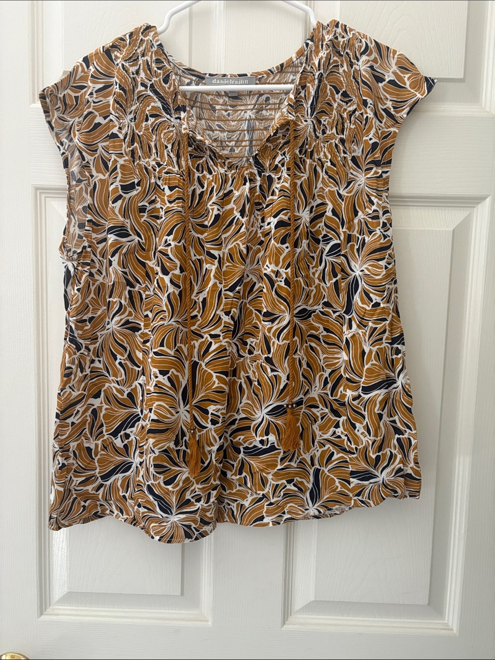 Daniel Rainn Mustard Floral Cap Sleeve Blouse with Black and White Pattern